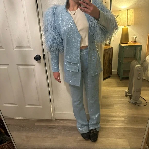 VTG 70s RARE Sequin Suit Set Feathers XS/S INSANE